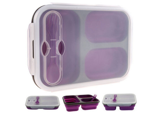 Large 3 Compartment Folding Silicone Lunch Box Food Containers With Transparent Lid