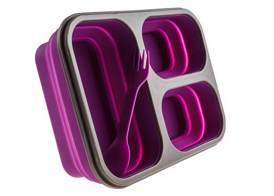 Large 3 Compartment Folding Silicone Lunch Box Food Containers With Transparent Lid